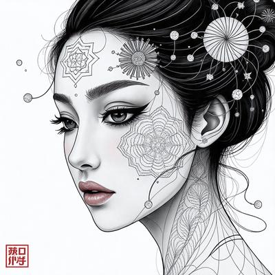 The primary subject of the image is a woman with a flower design on her face. She is wearing makeup and has a flower on her forehead. The setting is a black and white background, which adds a dramatic and artistic touch to the scene. The visual style is a combination of drawing and digital art, creating a unique and intricate design. The colors and mood of the image are predominantly black and white, giving it a classic and elegant feel.